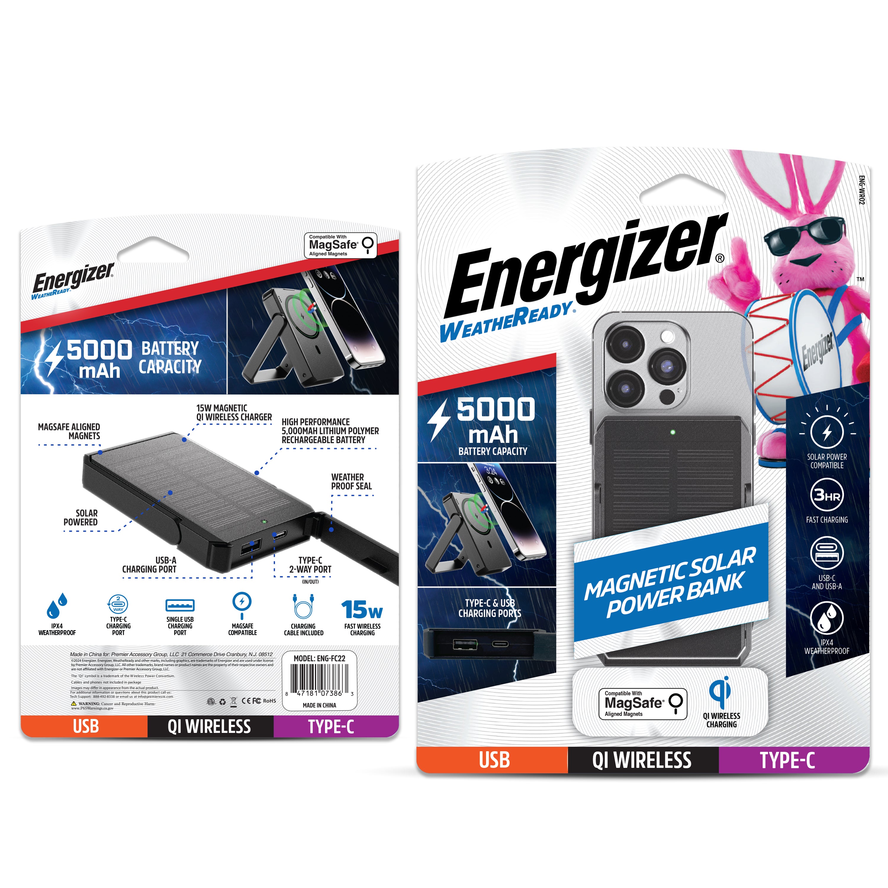 Energizer WeatherReady 5000mAh MagSafe Solar Power Bank - 15W Fast Qi Wireless Charger, Portable USB-C & Waterproof Backup Battery for iPhone, Android & Outdoor Use - Magnetic Charging for Camping, Travel & Emergencies - Built-in Kickstand, Solar Panel